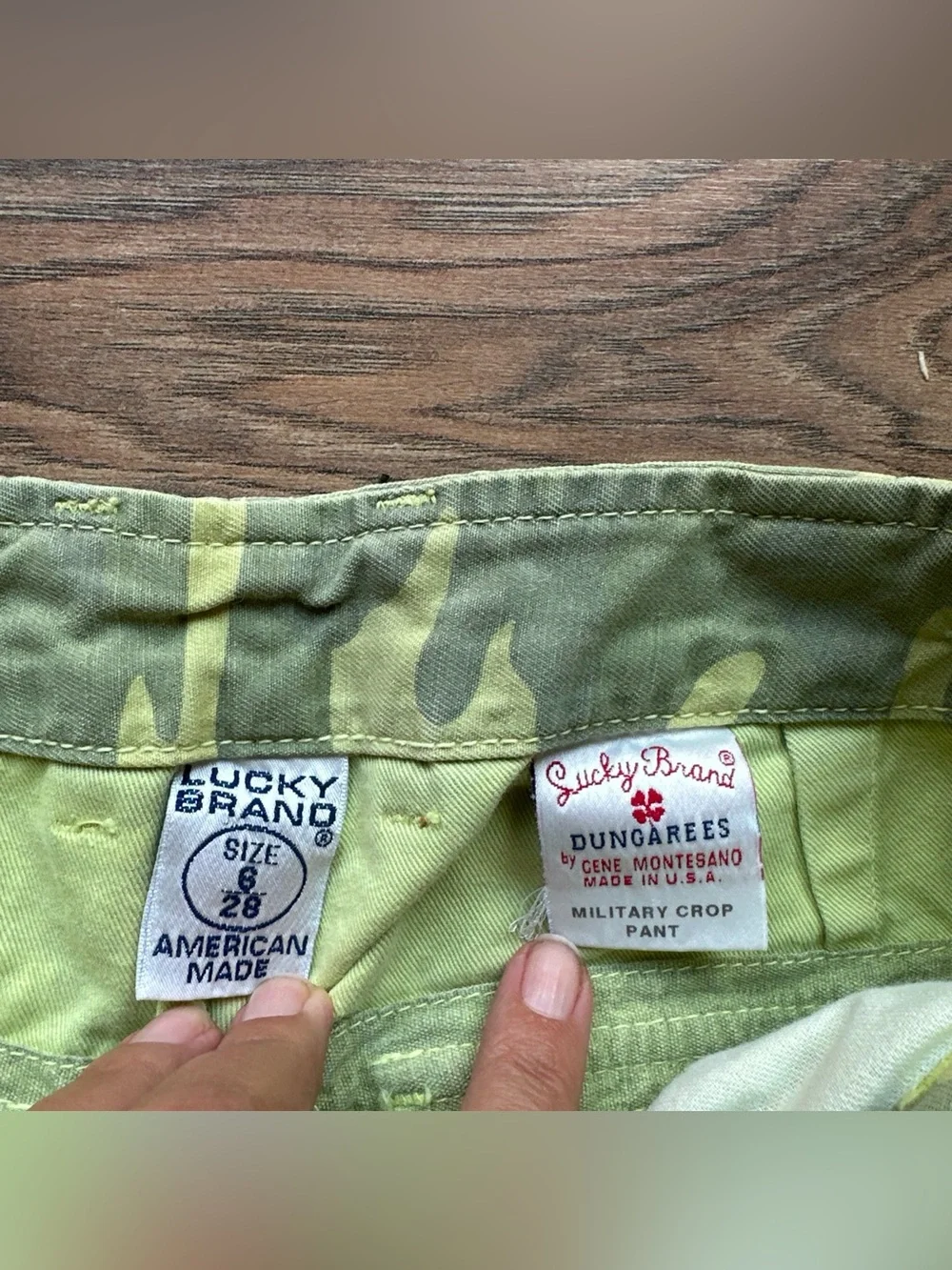 Vintage Y2K Lucky Brand Dungarees Camo Pants Made in USA Women 8 /28 Retro Green